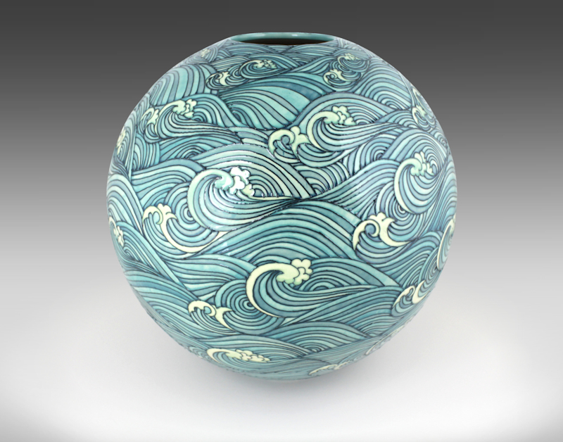 HW Designs - Wonders Of The Deep - Orbiting Waves - 12inch Spherical Vase